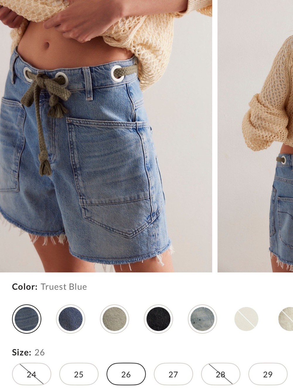 We The Free Truest Blue Denim Drawstring Patch Pocket Shorts